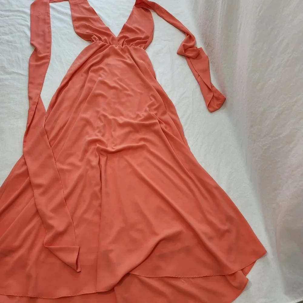 V-Neckline Long Prom Dress  by Studio F Size 8 Coral Color 85% Poly. Worn Once! - Picture 7 of 16